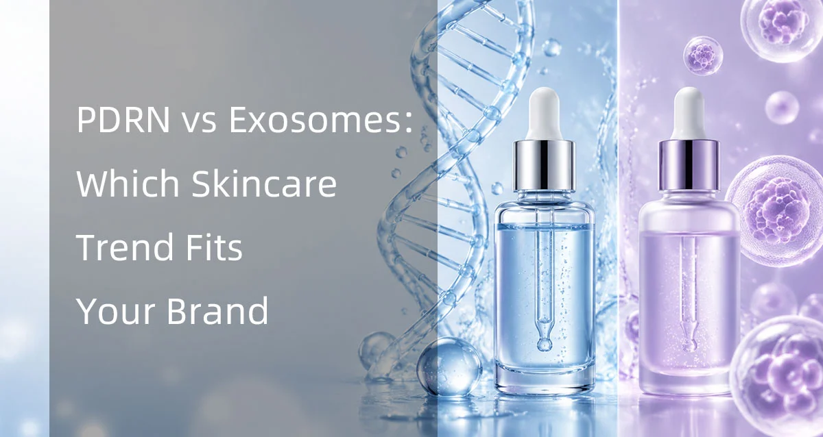 Comparison of PDRN vs exosomes for skincare with an image of DNA strand and two serum bottles. Text overlay discusses skincare trends.